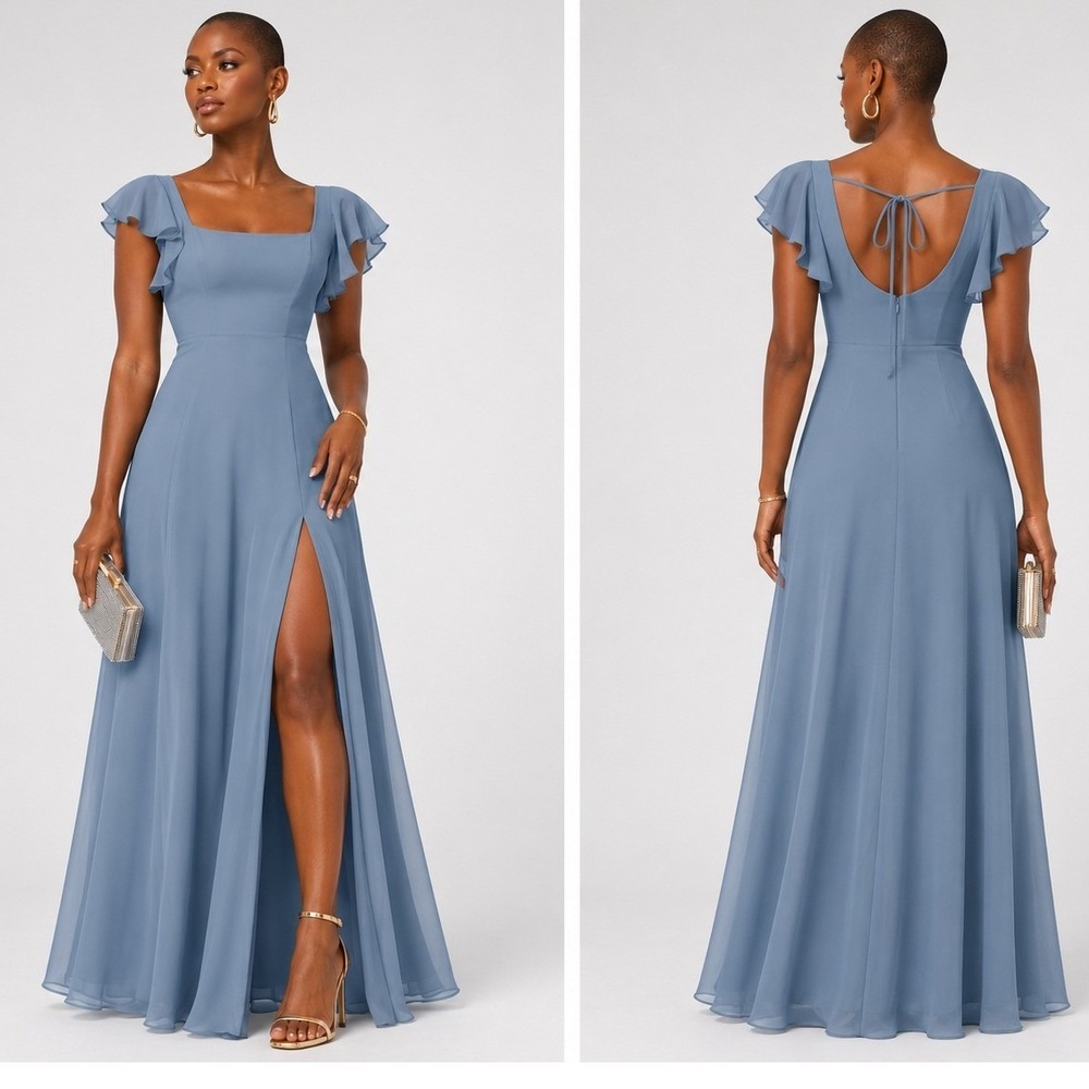 Azazie Womens A6 Dusty Blue Chiffon Flutter Sleeve Floor Length Bridesmaid Dress